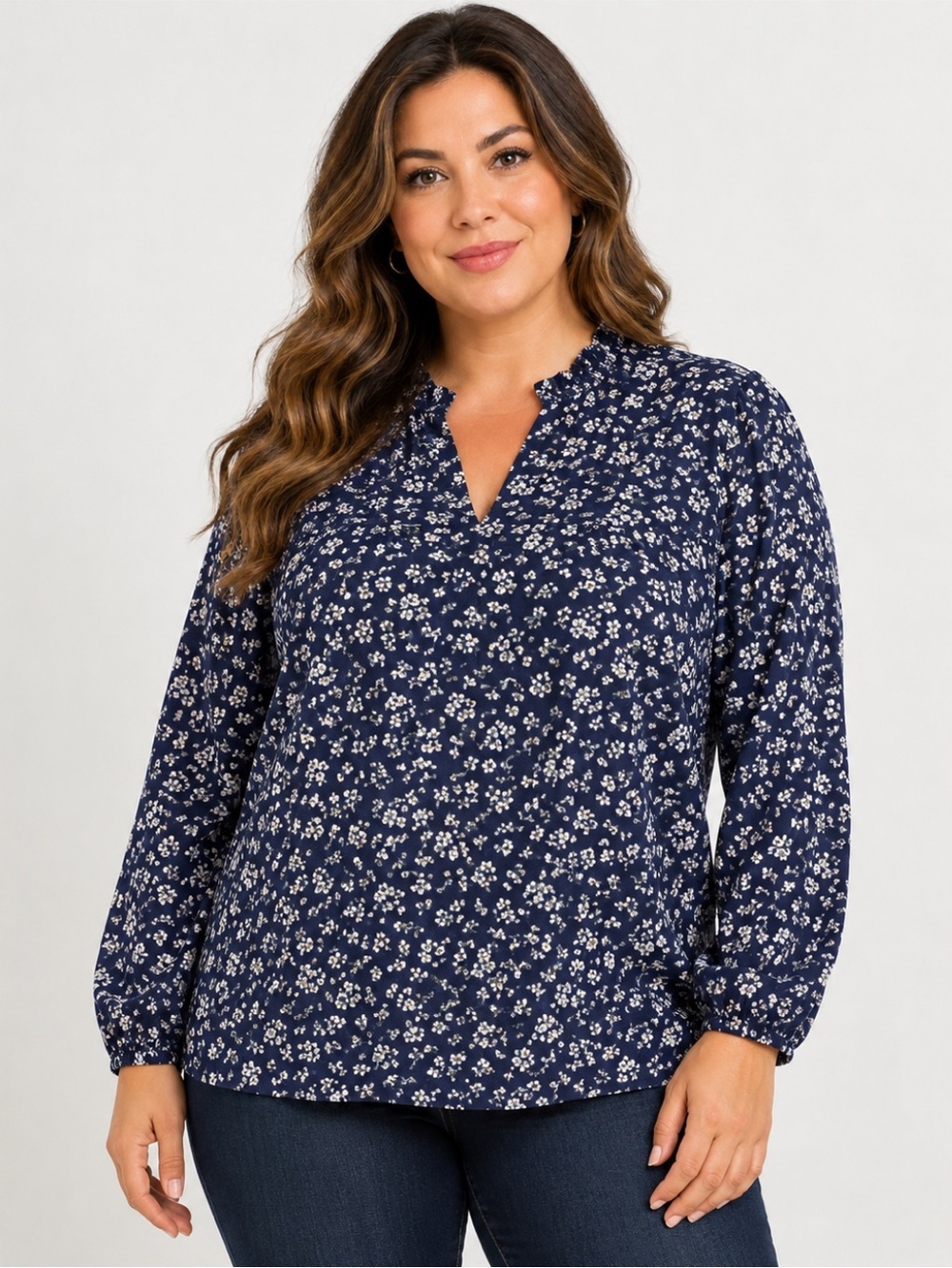J.Crew Factory V-Neck Crinkle Top in Black with White Floral Print Size 3XL